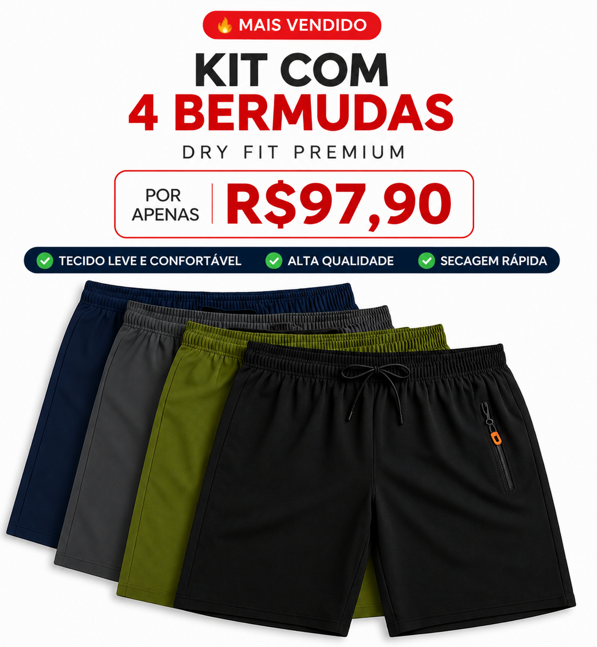 [Pague 2 Leve 4] Bermudas Dry Fit Premium Secagem rápida, Bolso com Zíper e Ajuste Anatômico + FRETE GRÁTIS