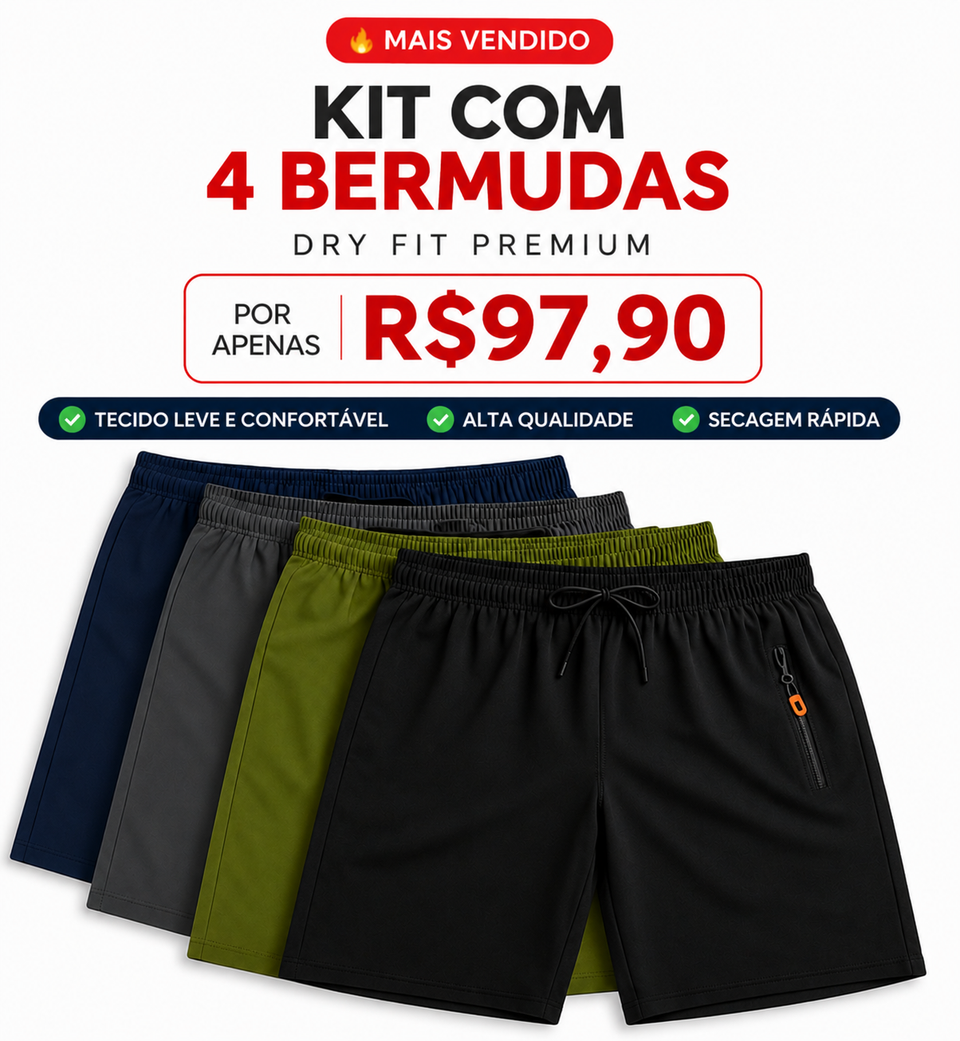 [Pague 2 Leve 4] Bermudas Dry Fit Premium Secagem rápida, Bolso com Zíper e Ajuste Anatômico + FRETE GRÁTIS